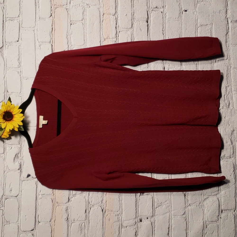 Talbots cable knit v-neck sweater burgundy 100% cotton Women sz M